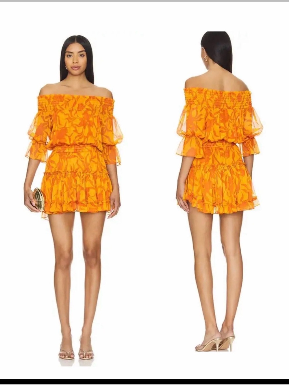 Misa Los Angeles Bright Orange Off-Shoulder Floral Mini Dress